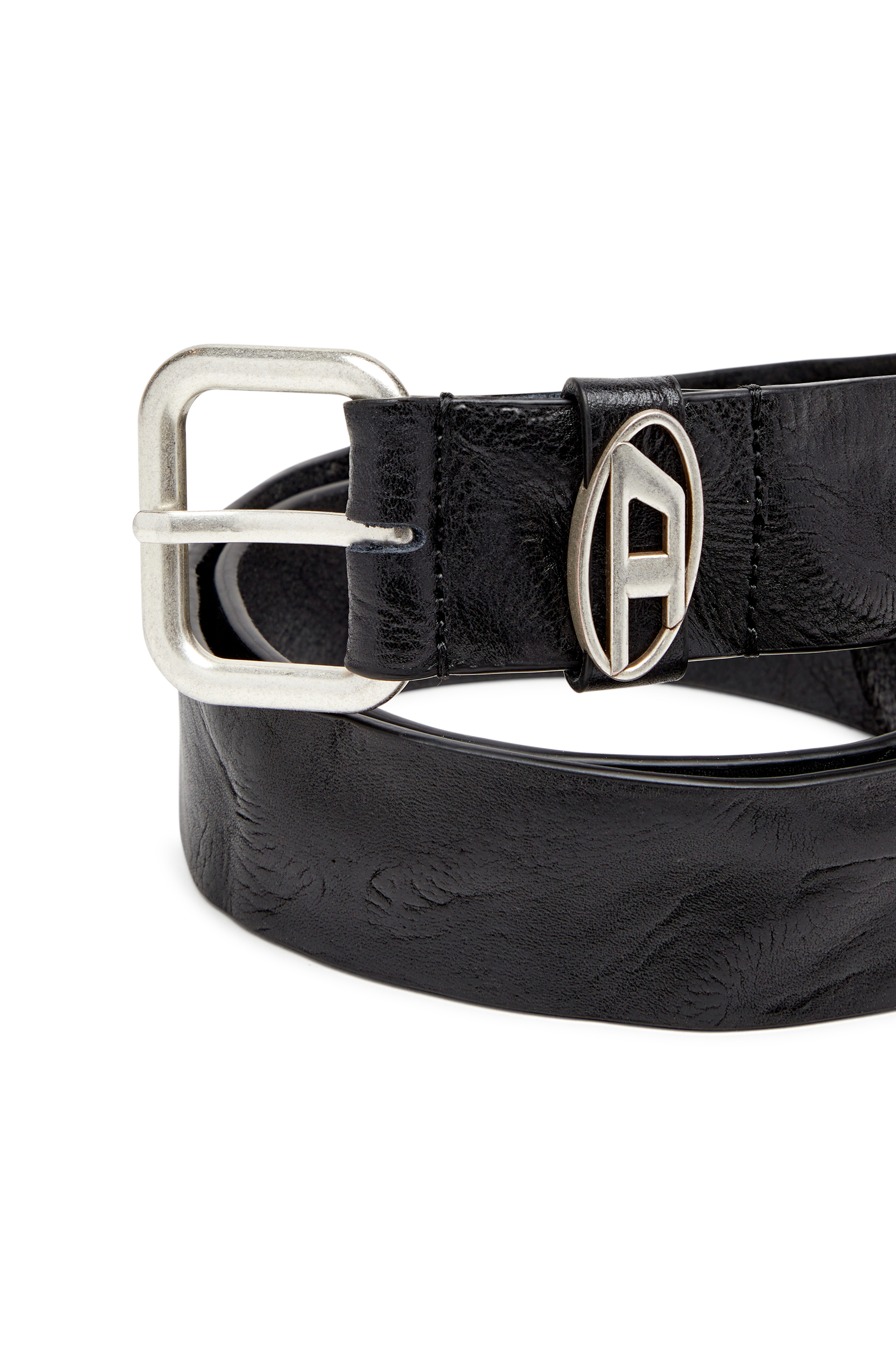 Diesel - B-1DR OVAL D LOOP, Unisex's Logo-plaque wrinkled leather belt in ブラック - 3