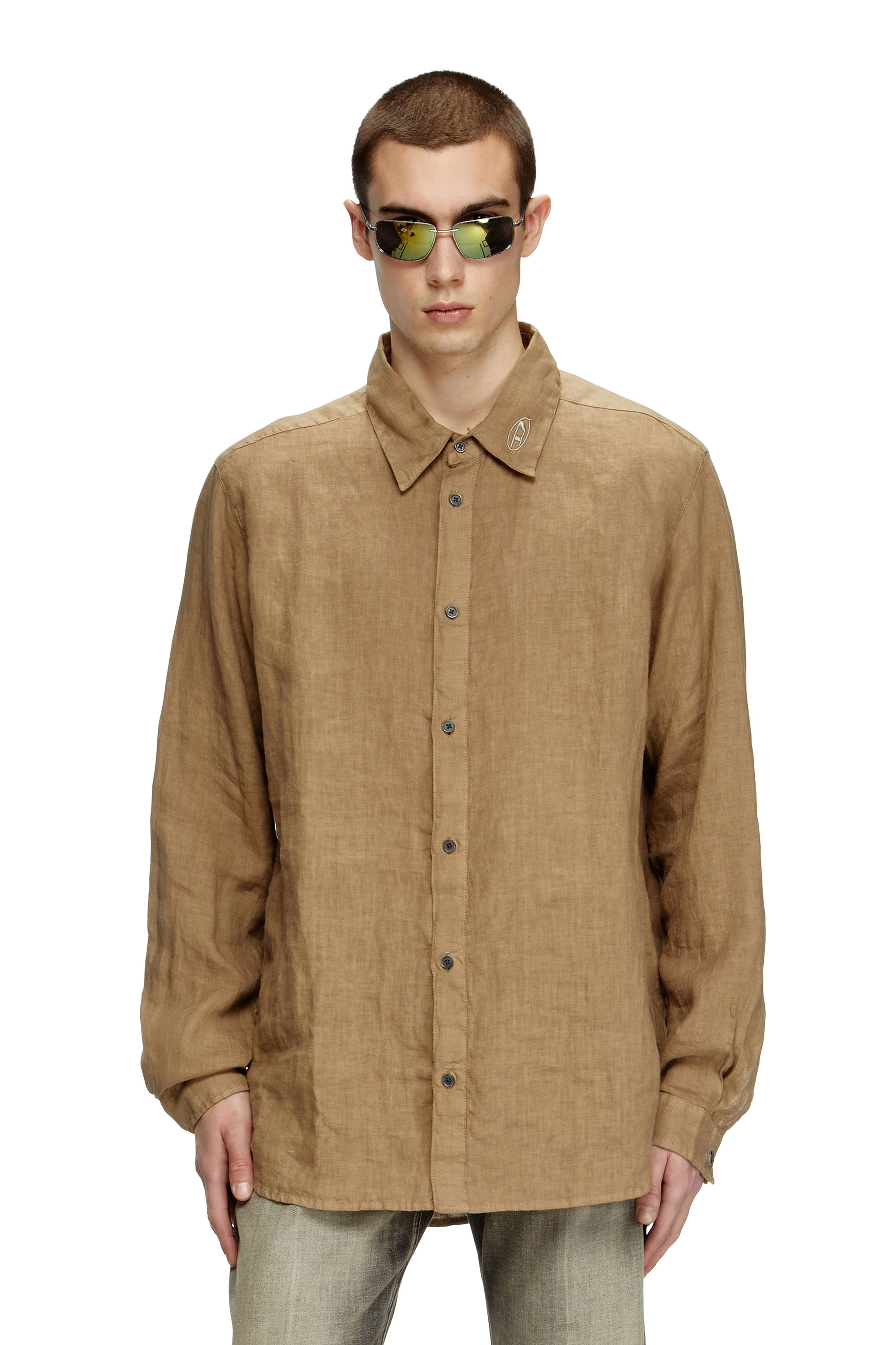 Diesel - S-WERP, Male's Linen shirt with logo collar in ブラウン - 1
