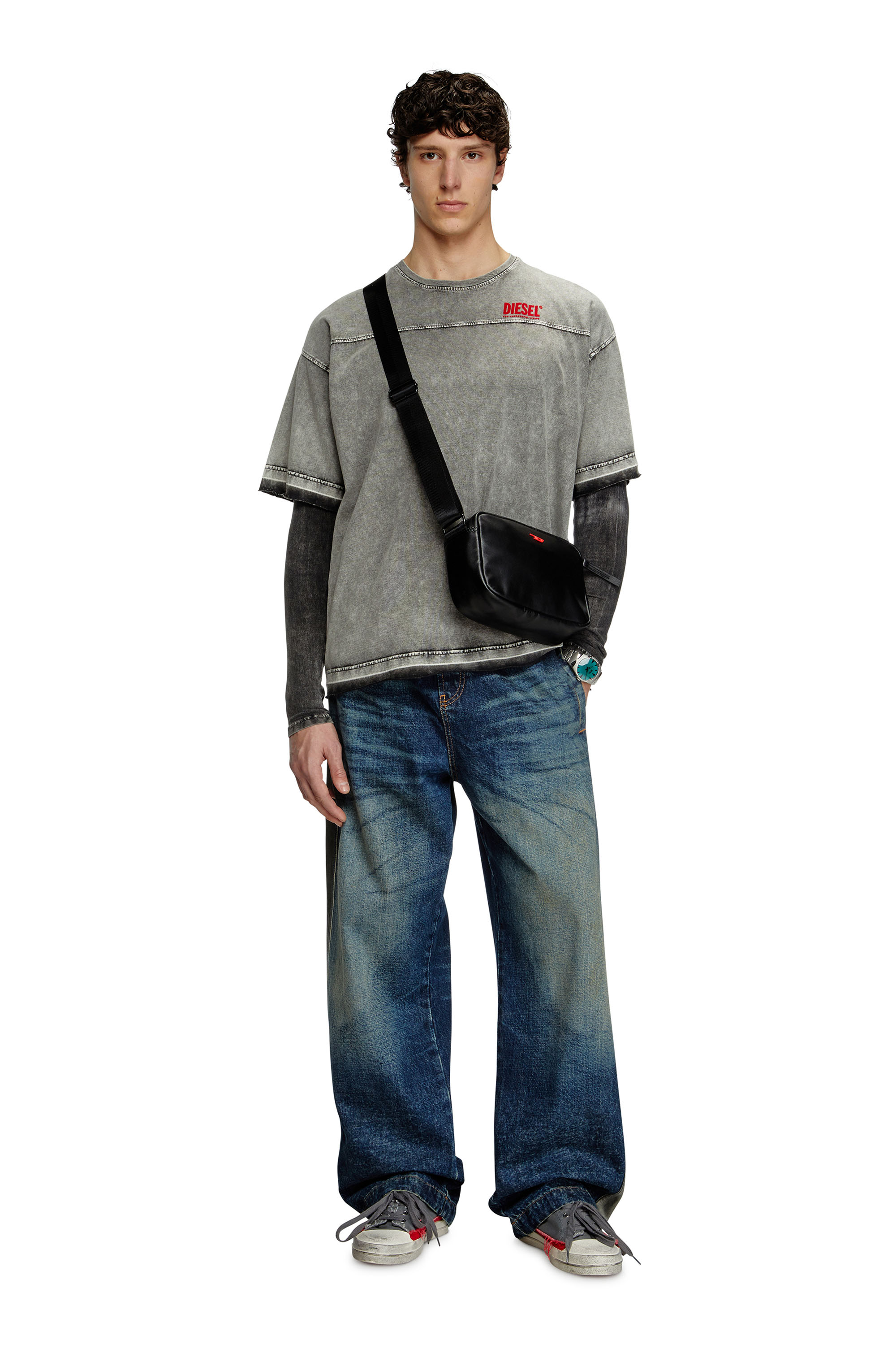 Diesel - T-HOXT, Male's Denim-look T-shirt with released hems in ライトグレー - 3